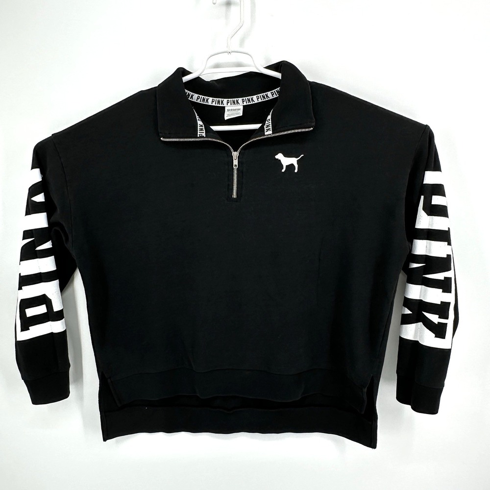 Victoria's Secret Pink Black Boyfriend Quarter Zip Pullover Spell Out Size L